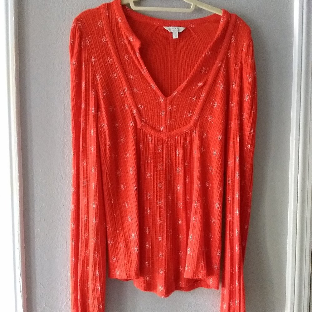 Lucky Brand Deep Red Blouse, Subtle White  Print Soft Fabric. Size SP